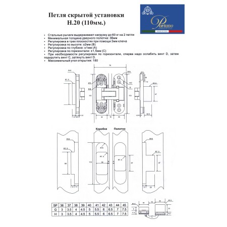 Скрытые петли Portuno H.20.01 Полированный хром
